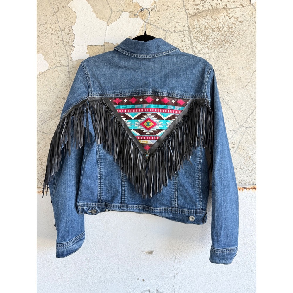 Western Fringe Denim Jacket Southwestern Tribal Print Sonoma Trucker Womens S
